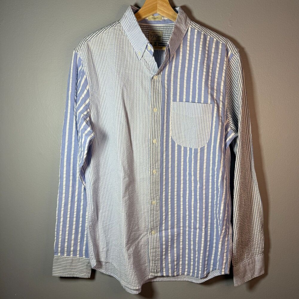 J.Crew Seersucker Mens Stripe Organic Cotton Button Shirt M Blue White Coastal
